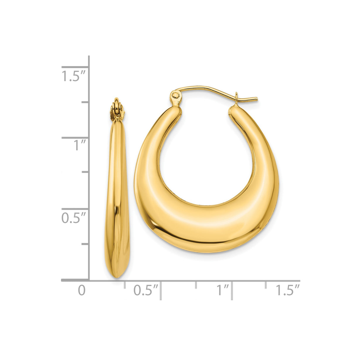 14k Yellow Gold Hoop Earrings, Polished Puffed Teardrop Design, Hinged Back Oval Hoops