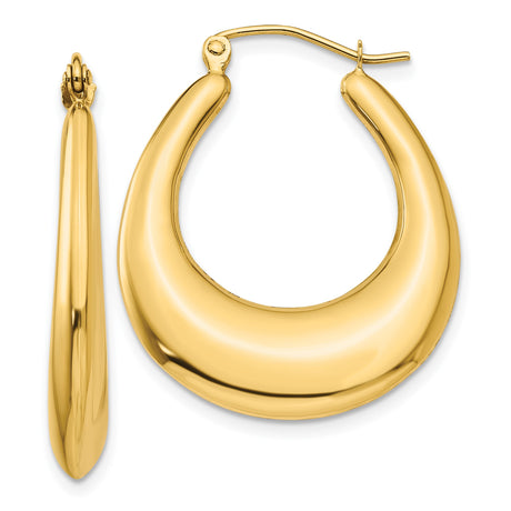 14k Yellow Gold Hoop Earrings, Polished Puffed Teardrop Design, Hinged Back Oval Hoops