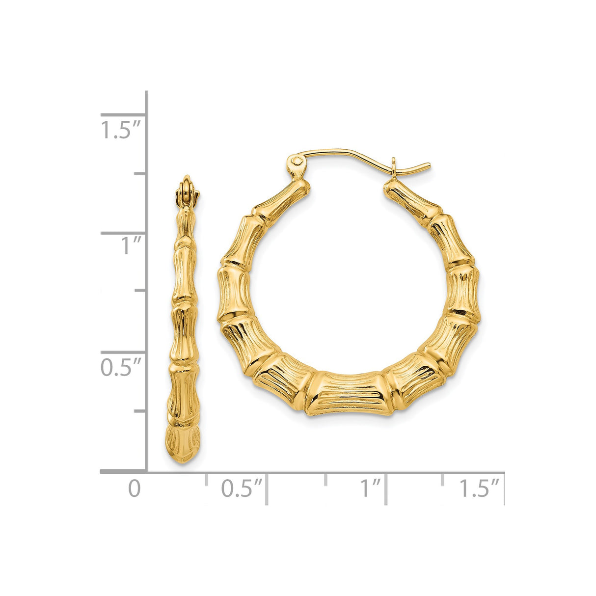 14k Yellow Gold Hoop Earrings, Textured Bamboo Pattern, Lightweight Organic Style for Women