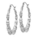 14k White Gold Hoop Earrings, Bamboo Style with Textured Segments and Polished Finish