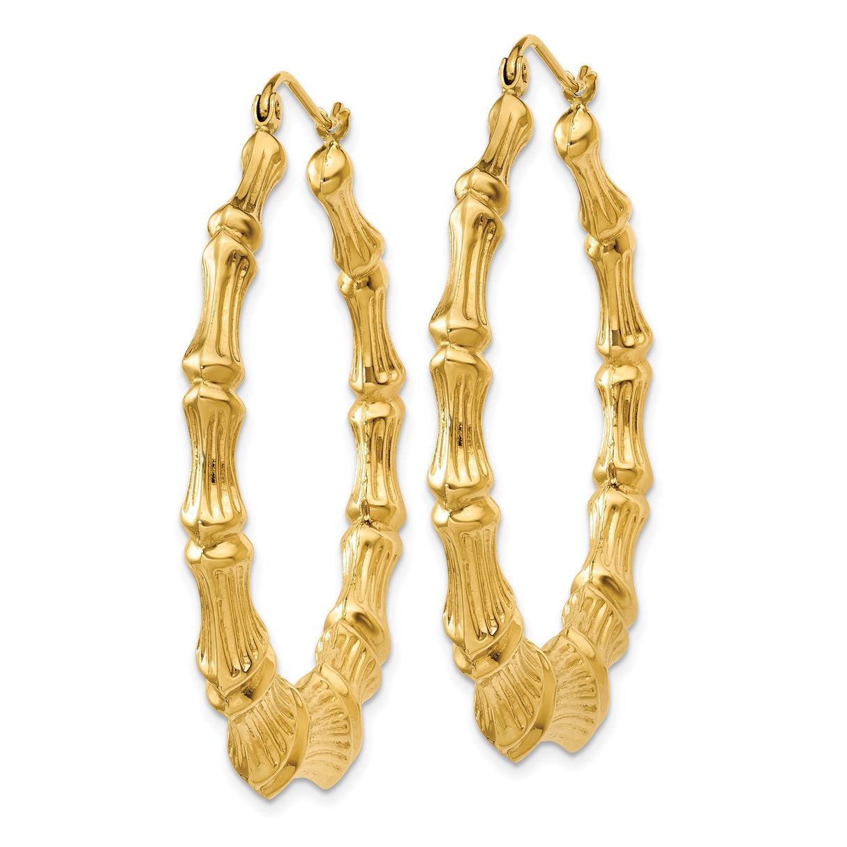 14k Yellow Gold Hoop Earrings, Bamboo-Inspired Textured Segmented Design for Women