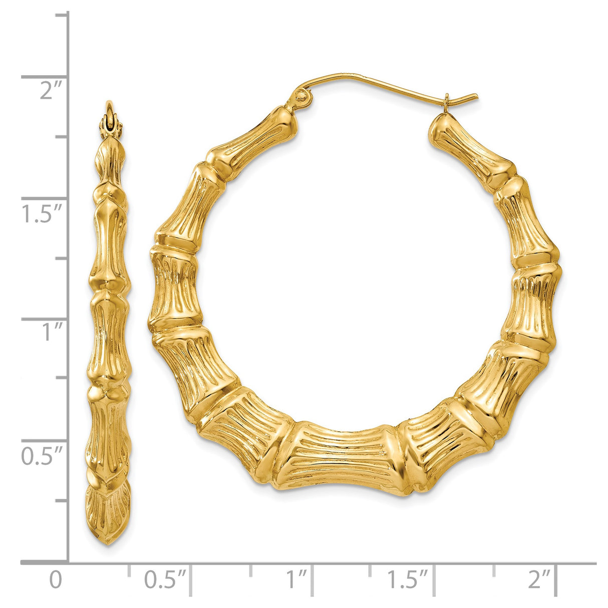 14k Yellow Gold Hoop Earrings, Bamboo-Inspired Textured Segmented Design for Women