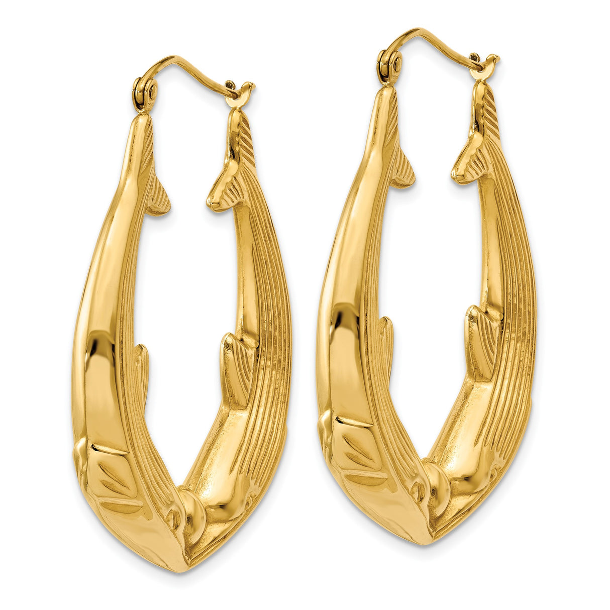 14k Yellow Gold Hoop Earrings with Double Dolphin Design, Polished and Textured Marine Theme