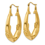 14k Yellow Gold Hoop Earrings with Double Dolphin Design, Polished and Textured Marine Theme