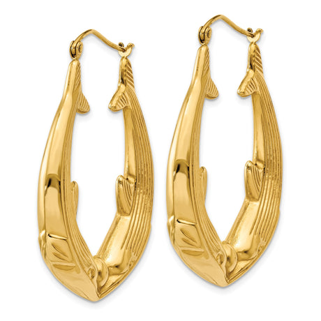 14k Yellow Gold Hoop Earrings with Double Dolphin Design, Polished and Textured Marine Theme