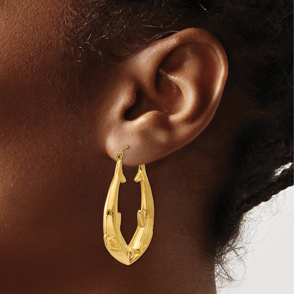 14k Yellow Gold Hoop Earrings with Double Dolphin Design, Polished and Textured Marine Theme