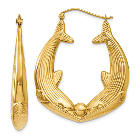 14k Yellow Gold Hoop Earrings with Double Dolphin Design, Polished and Textured Marine Theme