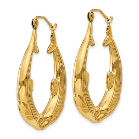14k Yellow Gold Dolphin Hoop Earrings, Oval Shape with Textured Marine Motif