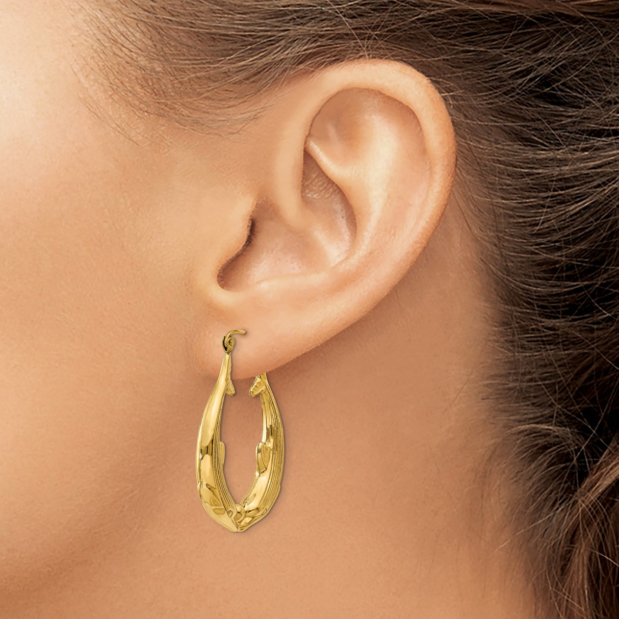 14k Yellow Gold Dolphin Hoop Earrings, Oval Shape with Textured Marine Motif