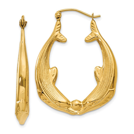 14k Yellow Gold Dolphin Hoop Earrings, Oval Shape with Textured Marine Motif