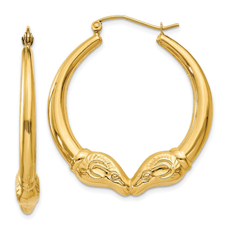 14k Yellow Gold Hoop Earrings with Ram Head, Aries Zodiac Animal Motif for Women