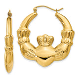 14k Yellow Gold Claddagh Hoop Earrings, Traditional Irish Heart Crown Hands Design for Women