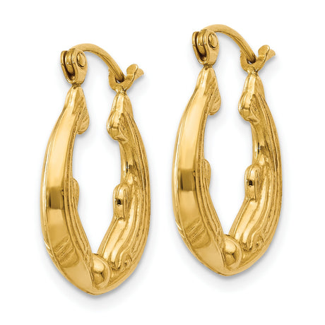 14k Yellow Gold Hoop Earrings with Sculpted Feather Motif, Vintage Textured Design