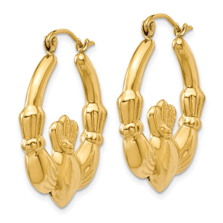14k Yellow Gold Claddagh Hoop Earrings with Hands Heart Crown Design for Women
