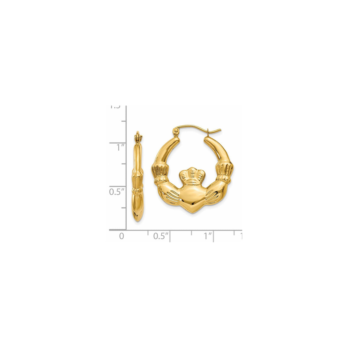 14k Yellow Gold Claddagh Hoop Earrings with Hands Heart Crown Design for Women
