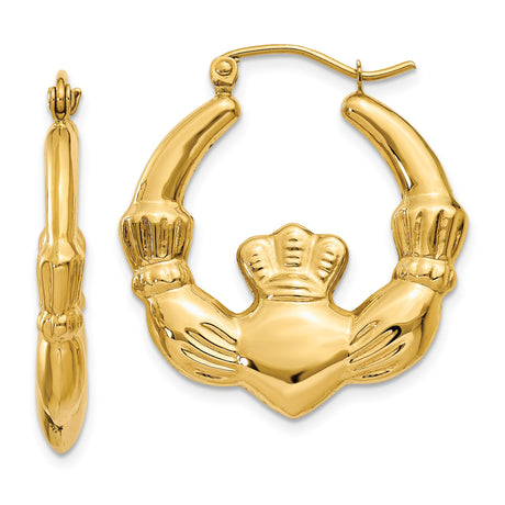 14k Yellow Gold Claddagh Hoop Earrings with Hands Heart Crown Design for Women