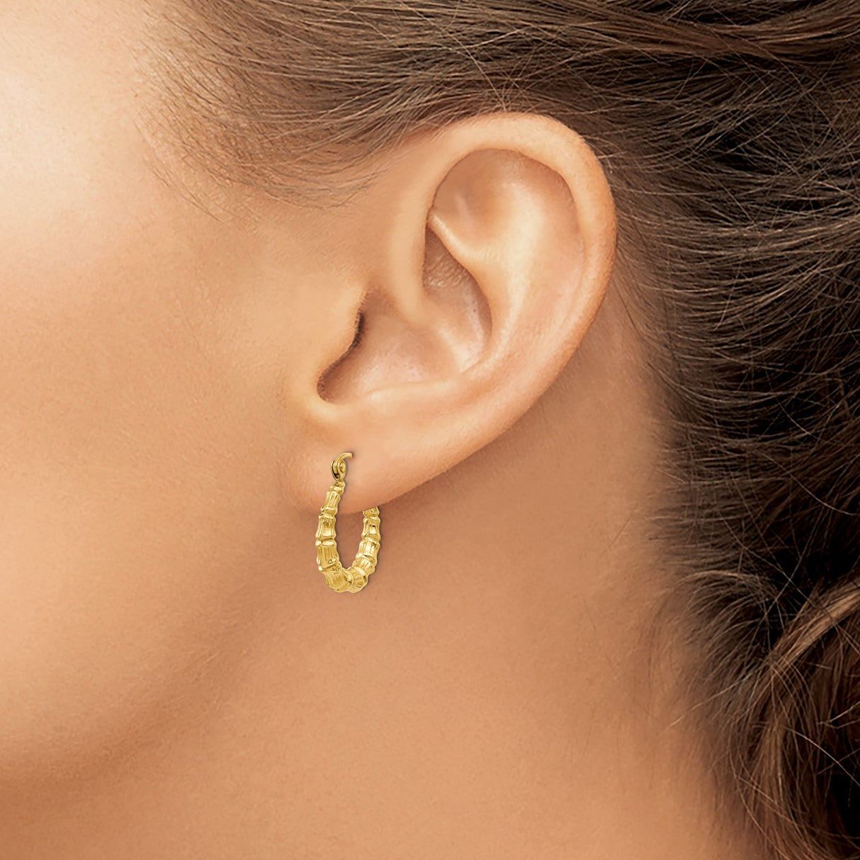 14k Yellow Gold Hoop Earrings, Bamboo Style Textured Design, Lightweight Statement Jewelry for Women