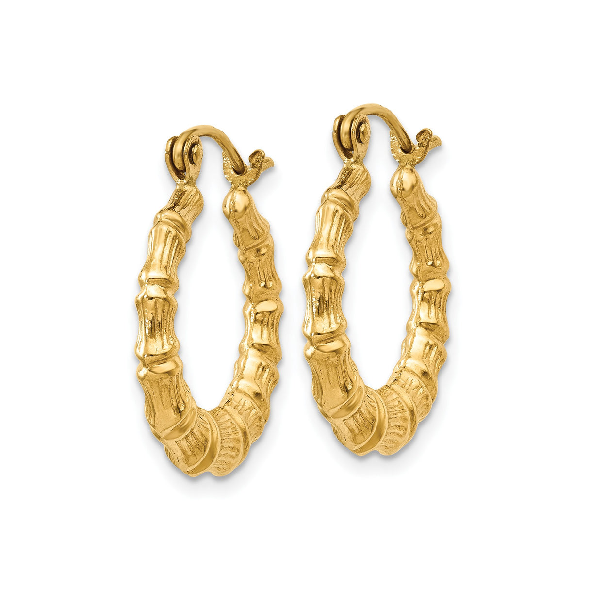 14k Yellow Gold Hoop Earrings, Textured Bamboo Design, Organic Style for Women