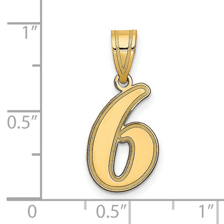 14k Yellow Gold Number 6 Pendant, Polished Script Numeral Charm, Unisex Design