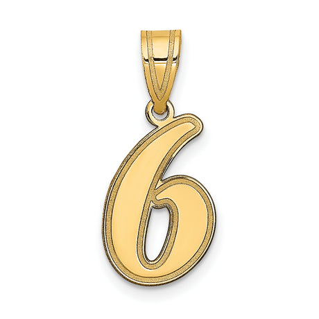 14k Yellow Gold Number 6 Pendant, Polished Script Numeral Charm, Unisex Design