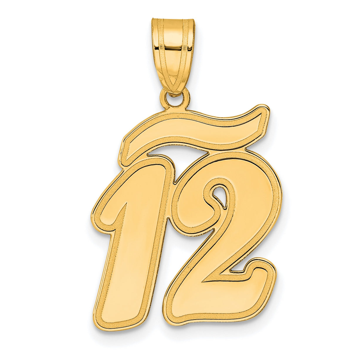Brushed Border Script Number 12 Charm Pendant in Real 14k Yellow Gold