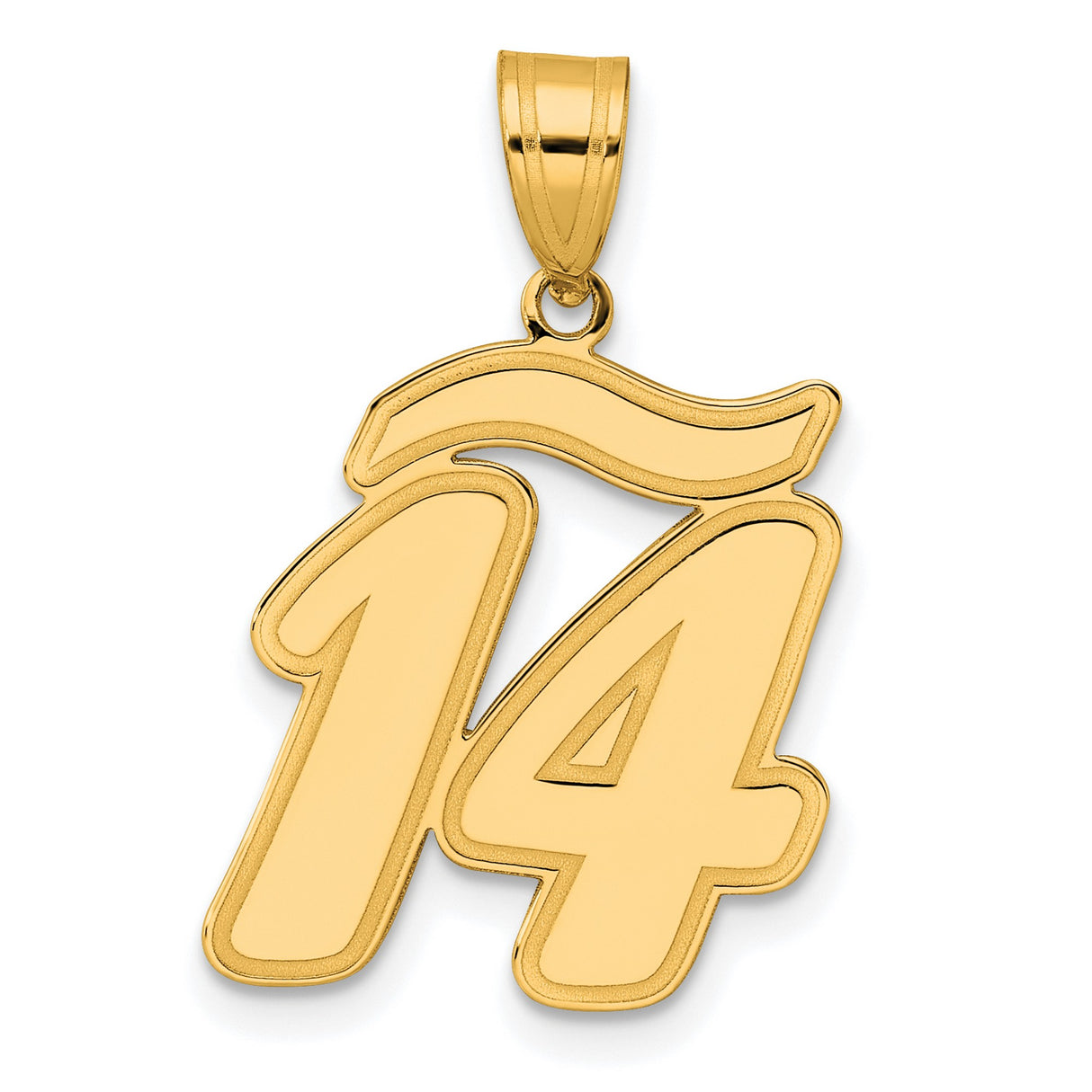 Brushed Border Script Number 14 Charm Pendant in Real 14k Yellow Gold