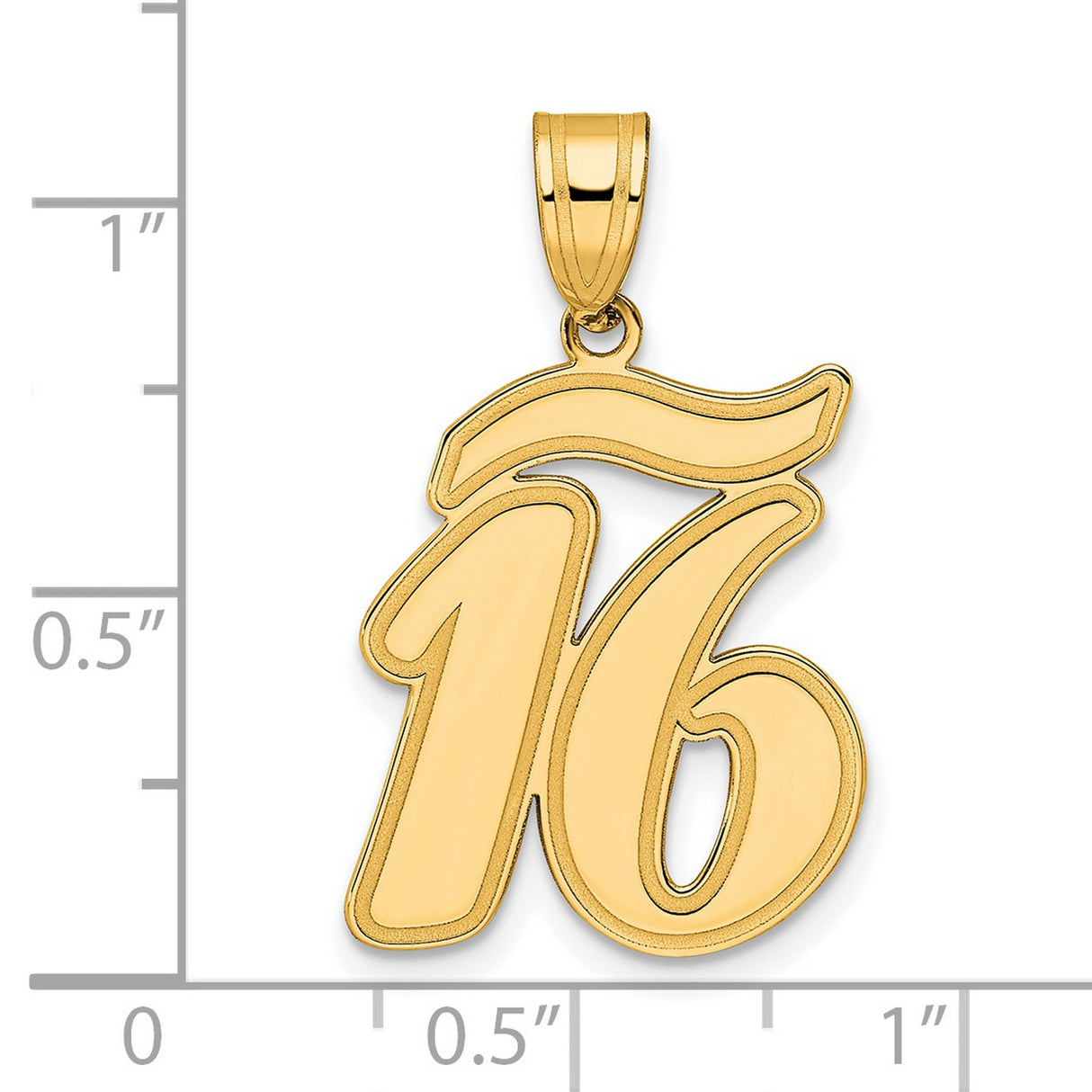 Brushed Border Script Number 16 Charm Pendant in Real 14k Yellow Gold