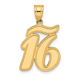 Brushed Border Script Number 16 Charm Pendant in Real 14k Yellow Gold