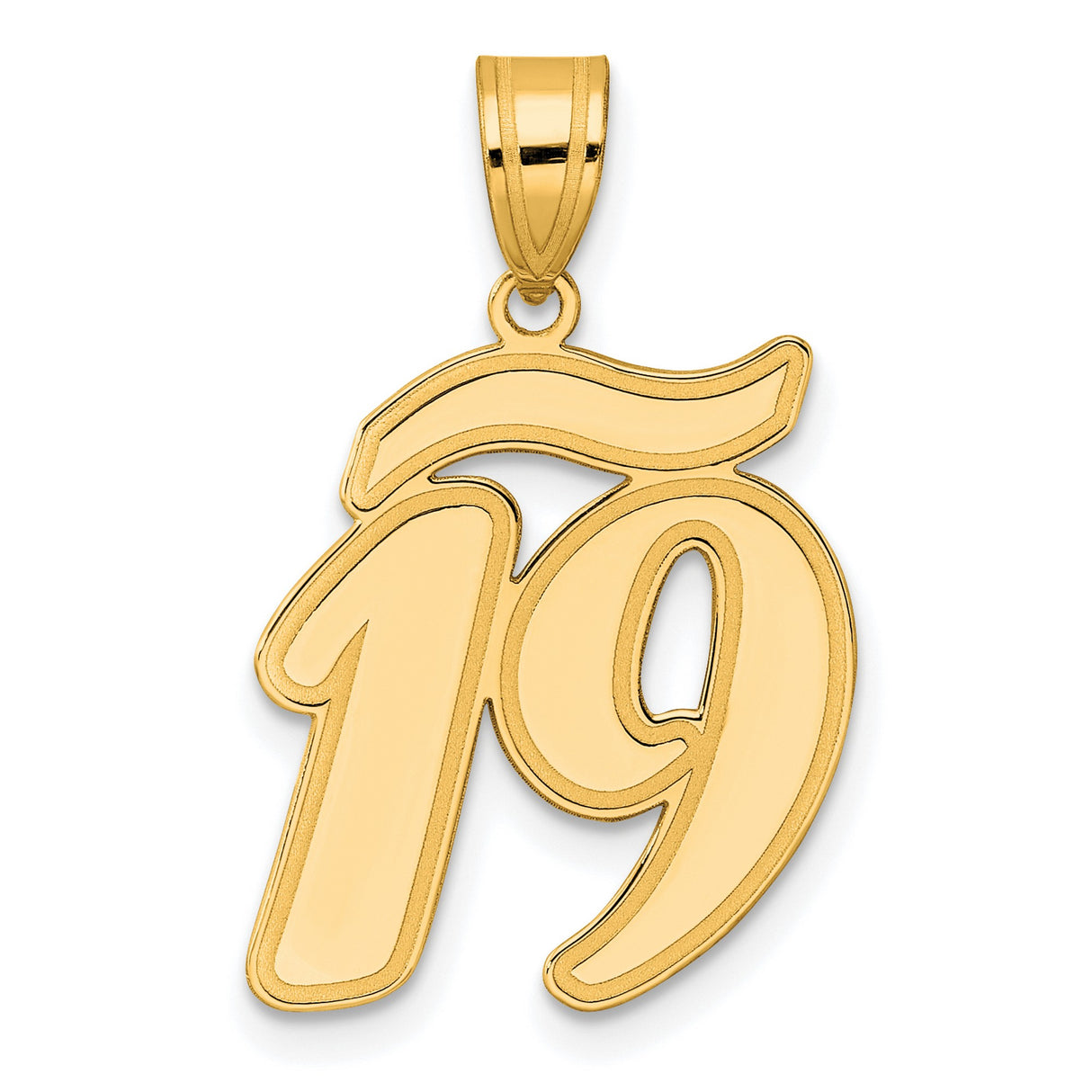 Brushed Border Script Number 19 Charm Pendant in Real 14k Yellow Gold