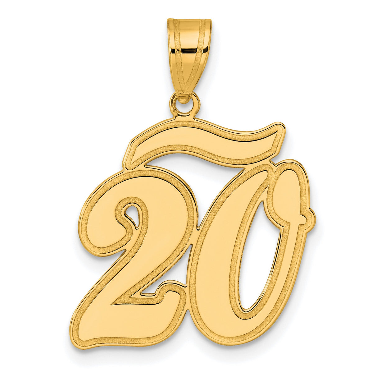 Brushed Border Script Number 20 Charm Pendant in Real 14k Yellow Gold
