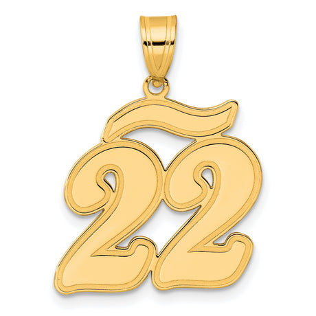 Brushed Border Script Number 22 Charm Pendant in Real 14k Yellow Gold