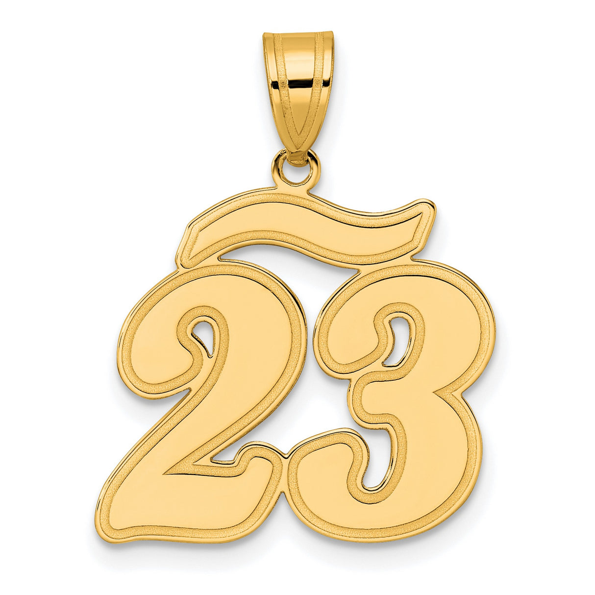 Brushed Border Script Number 23 Charm Pendant in Real 14k Yellow Gold