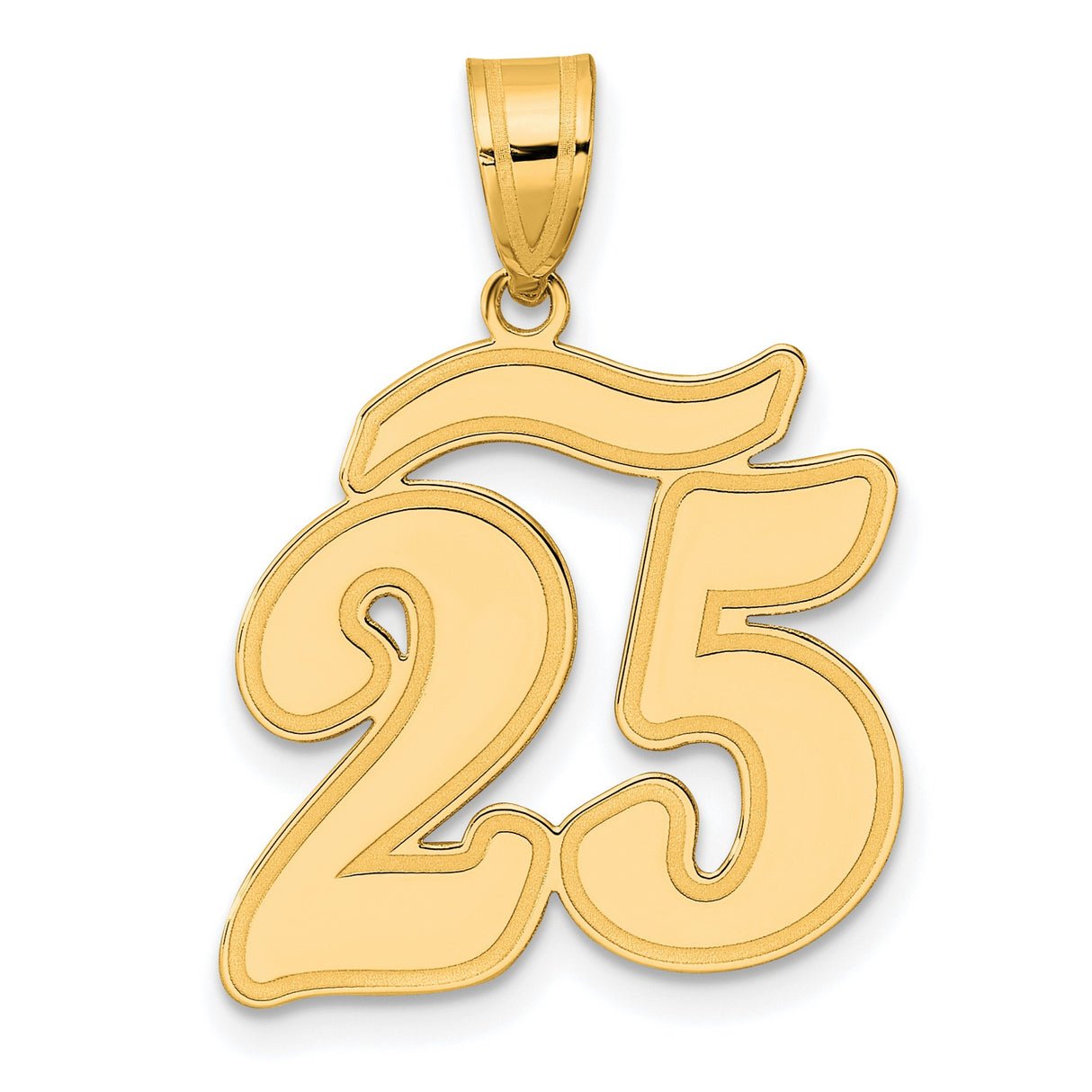 Brushed Border Script Number 25 Charm Pendant in Real 14k Yellow Gold
