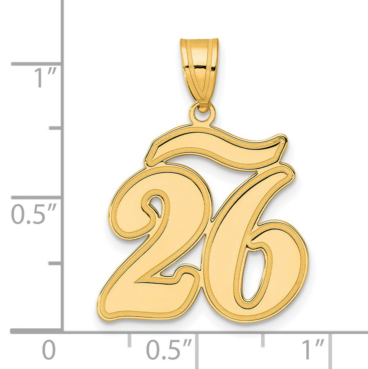 Brushed Border Script Number 26 Charm Pendant in Real 14k Yellow Gold