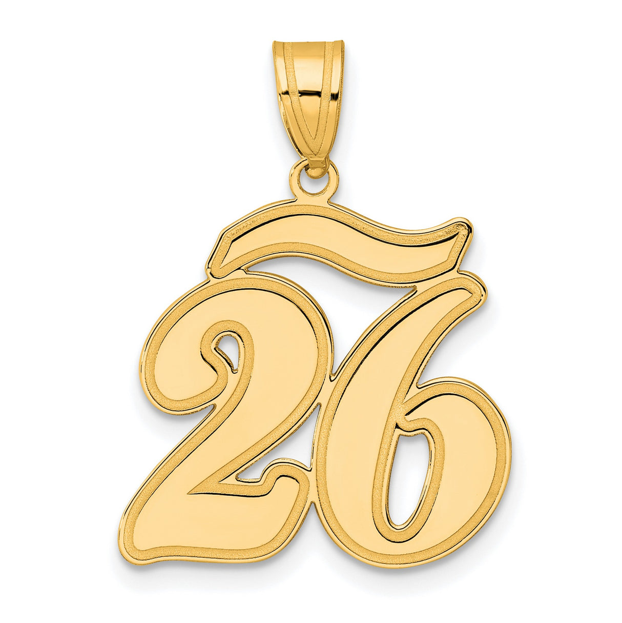 Brushed Border Script Number 26 Charm Pendant in Real 14k Yellow Gold