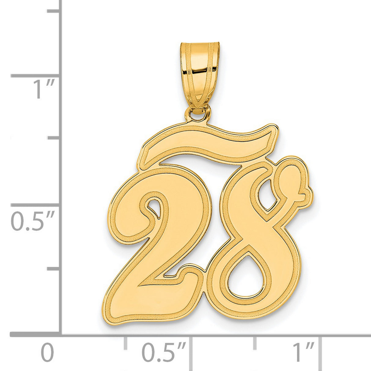 Brushed Border Script Number 28 Charm Pendant in Real 14k Yellow Gold