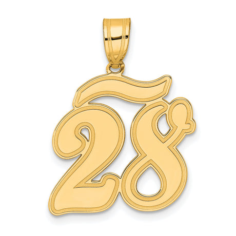 Brushed Border Script Number 28 Charm Pendant in Real 14k Yellow Gold