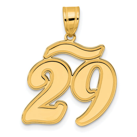Brushed Border Script Number 29 Charm Pendant in Real 14k Yellow Gold