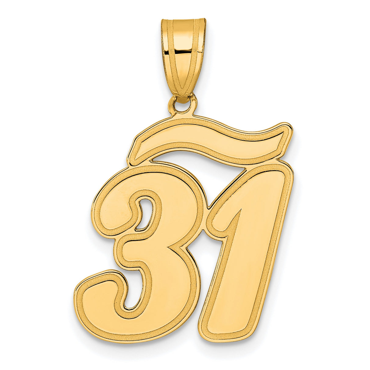 Brushed Border Script Number 31 Charm Pendant in Real 14k Yellow Gold