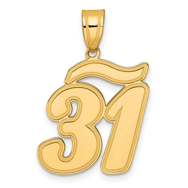 Brushed Border Script Number 31 Charm Pendant in Real 14k Yellow Gold