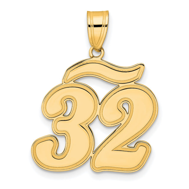 Brushed Border Script Number 32 Charm Pendant in Real 14k Yellow Gold