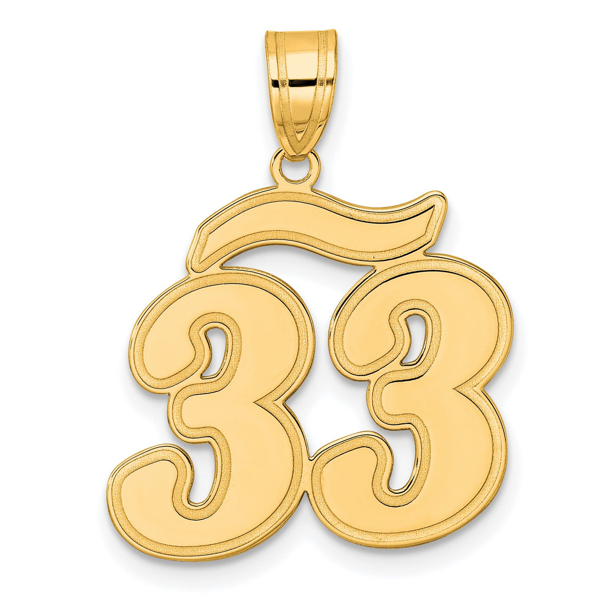 Brushed Border Script Number 33 Charm Pendant in Real 14k Yellow Gold