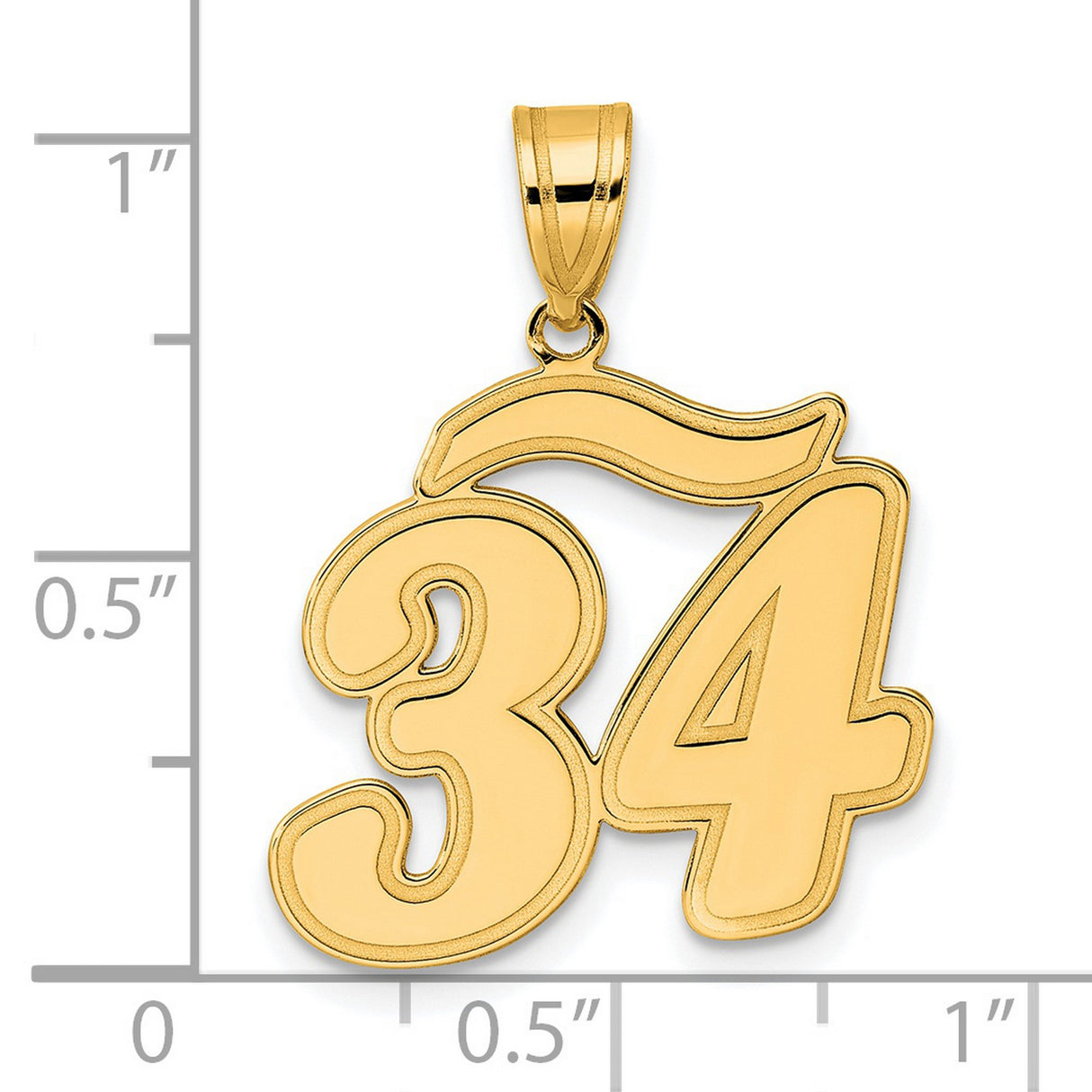 Brushed Border Script Number 34 Charm Pendant in Real 14k Yellow Gold
