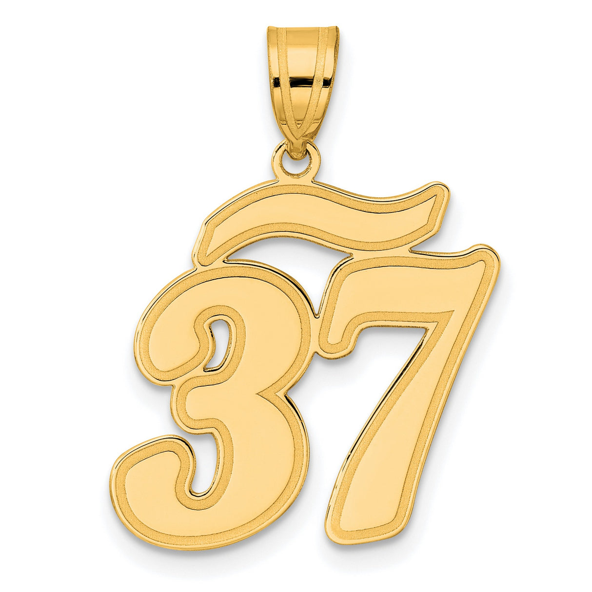 Brushed Border Script Number 37 Charm Pendant in Real 14k Yellow Gold