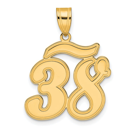 Brushed Border Script Number 38 Charm Pendant in Real 14k Yellow Gold