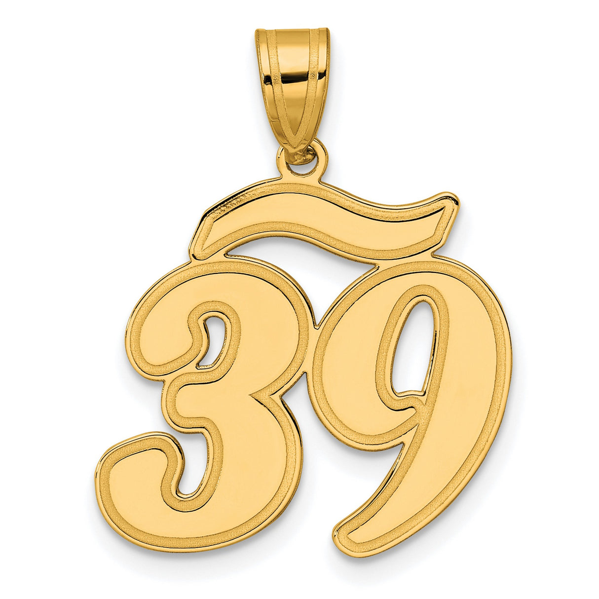Brushed Border Script Number 39 Charm Pendant in Real 14k Yellow Gold
