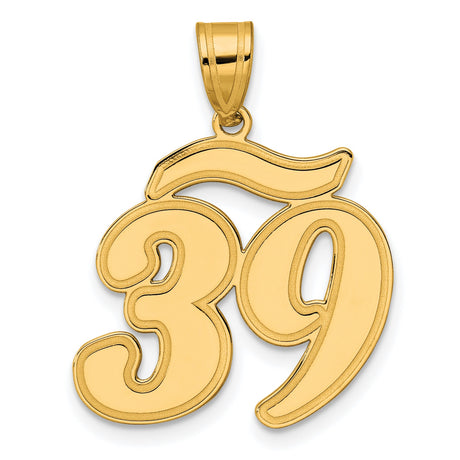 Brushed Border Script Number 39 Charm Pendant in Real 14k Yellow Gold