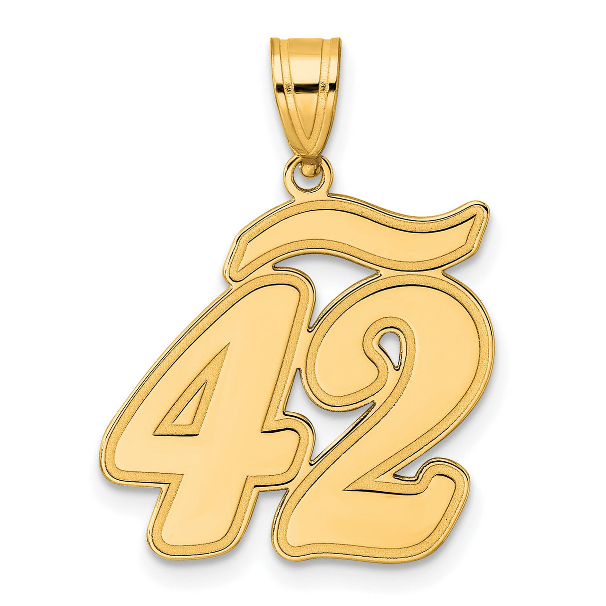 Brushed Border Script Number 42 Charm Pendant in Real 14k Yellow Gold