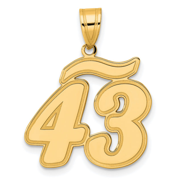 Brushed Border Script Number 43 Charm Pendant in Real 14k Yellow Gold