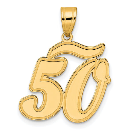 Brushed Border Script Number 50 Charm Pendant in Real 14k Yellow Gold